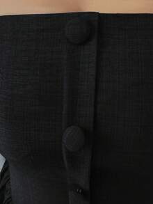 Elenzga 新款系带肩部纹理双色编织中长连衣裙，青春优雅百搭的办公服饰 - 黑色 - 查看 5