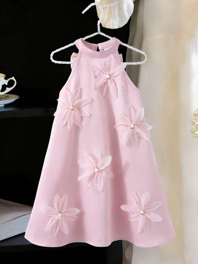 Vestido sin mangas para niñas con decoración floral 3D, acentos de perlas, vestido de tela de satén de manga larga, estilo princesa elegante adecuado para banquetes/fiestas de cumpleaños, reuniones diarias/festivas, verano