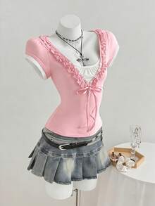 Elamini 花瓣袖二合一撞色荷叶边下摆修身休闲春夏女式T恤 - 淺粉色 - 查看 3