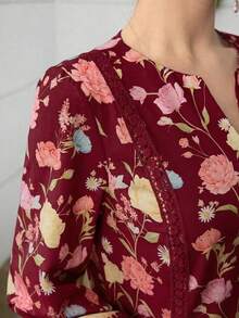 Yasmyna Romantic Floral Lace Patchwork Loose Fashionable Dress For Women - Burgundy - View 7
