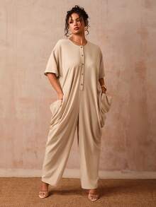Slaydiva Spring/Summer Elegant Commute & Casual, Birthday Party, Graduation, Student Wear, Daily Outing, All-Match Versatile, Leisure, Vacation, Cruise Travel, Beach, Sunbathing, Viral Hit, Business Casual, Minimalist & Casual & Vacation & Outing Women Loose Jumpsuits - Khaki - View 1