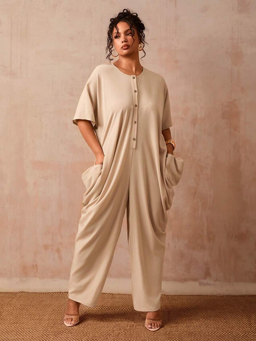 Slaydiva Spring/Summer Elegant Commute & Casual, Birthday Party, Graduation, Student Wear, Daily Outing, All-Match Versatile, Leisure, Vacation, Cruise Travel, Beach, Sunbathing, Viral Hit, Business Casual, Minimalist & Casual & Vacation & Outing Women Loose Jumpsuits - Khaki - View 1