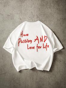 Manfinity Roghcode Men's Casual Slogan Embroidered Short Sleeve T-Shirt,White And Red Summer Letter Print Oversized Drop Shoulder Graphic Tee,Streetwear,City Break - White - View 5
