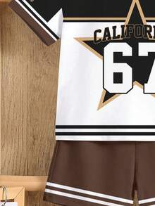 SHEIN Y2K休闲时尚男童套装，街头服饰，运动衫，经典学院风，67号设计，星形图案，美式复古，宽松舒适简约圆领短袖T恤和短裤套装 - 彩色 - 查看 6