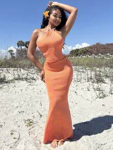 Alexandranx Women Summer Vacation Beach Sexy Halter Backless Beaded Floral Knit Orange Cami Top + Extra Long Knit Floral Pattern Skirt 2 Pieces Set Sexy Outfits For Women In Fall/Winter - Orange - View 1