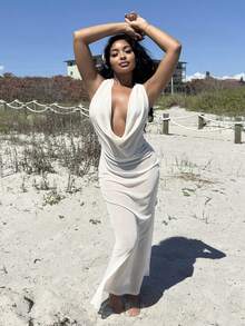 Alexandranx 女士度假/沙滩装，垂坠领口，闪亮材质，优雅性感，修身美人鱼下摆罩衫 - 杏色 - 查看 6