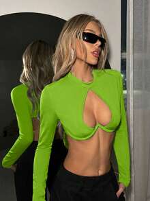 SHEIN ICON Y2K性感镂空爱心露脐街头风上衣 - 綠色 - 查看 4