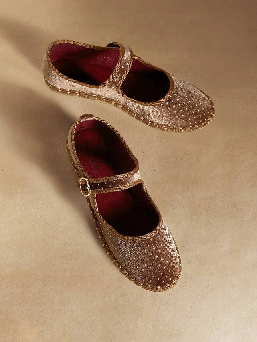 Rosivie 春季百搭女鞋,兼具優雅與休閒,復古麂皮亮片瑪麗珍平底鞋 - 棕色 - 查看 1