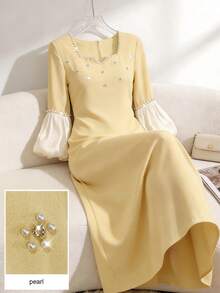 Elegant Women's Party Dress With Beaded & Rhinestone Embellished Square Neck, Lantern Sleeves, Fitted Silhouette And Back Slit - Yellow - View 2