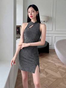 EastFlair Đầm dạ hội kiểu Trung Quốc mới, chất liệu lụa bóng, cổ áo sườn xám, cài cúc, không tay, ôm sát cơ thể dành cho nữ. - Bạc - Xem 6