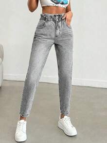 EURMUSE Elastic Waist Mom Fit Jeans - Light Wash - View 4