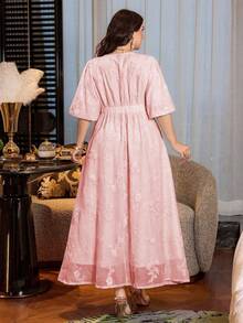 Modelyn Abito in chiffon con vita svasata e maniche corte, decorato con ricami floreali, stile francese elegante per occasioni speciali, disponibile in taglie comode - Rosa - Visualizzare 2
