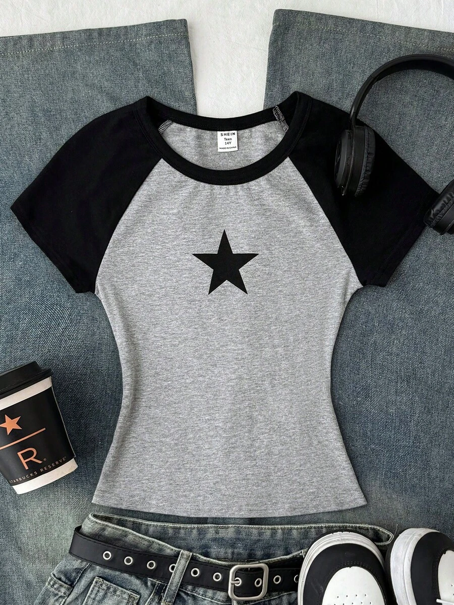 SHEIN 少女撞色星形印花弹力修身短袖T恤 - 彩色 - 查看 1