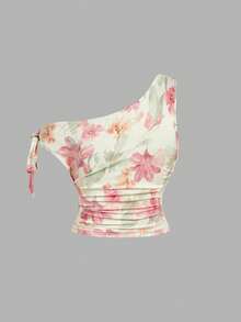 SHEIN MOD Plus Size Women's Pink Floral Summer Boho Vacation Holiday 2-Piece Set,Metal Decor Spaghetti Strap Tank Top And Ruffle Layered Mini Skirt Outfits - Multicolor - View 8