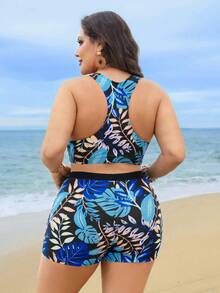 Swim Lushoire Große Größen 3-teiliges Bademode Set für Damen, Blume Muster Tankini Top, einfarbige Shorts und Strandkleid, konservativ-reifer Stil für Strand, Pool, Urlaub - Verschiedenfarbig - Übersicht 6