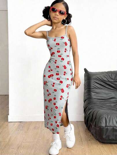 Sparklyn Summer Girls' Sleeveless Maxi Dress, Colorful Fruit Print With Playful Vibe, Fitted Silhouette With Side Slit Hem, Perfect For Outings And Photo Shoots!