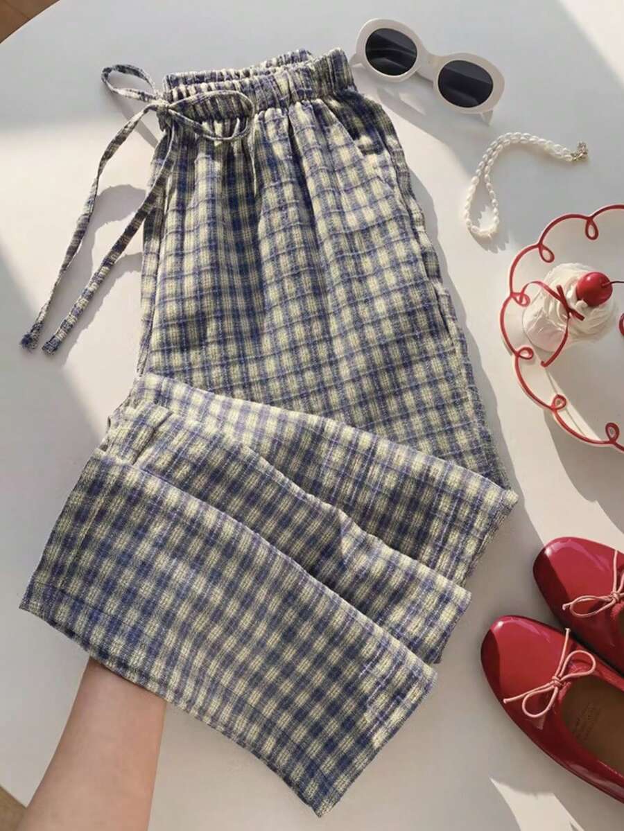 Comfortcana 女士休闲格子抽绳腰裤，适合日常穿着、春夏、情人节装扮、嘉年华服装、乡村风格裤装，女士蓝色格子裤，夏季格子裤 - 藍色 - 查看 1