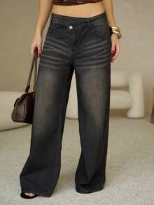 BiaLiraa 女式低腰设计腰带直筒牛仔裤 - 黑色 - 查看 3