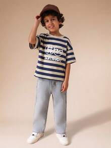 SUMWON Oversized Striped Short Sleeve Crew Neck T-Shirt With Text Print For Boys Summer Casual Wear Everyday Comfort Vacation - Multicolor - View 3