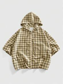 ROMWE MEN Street Life Men's Casual Retro Zip-Up Drawstring Hooded Short Sleeve Shirt, Summer - Multicolor - View 1