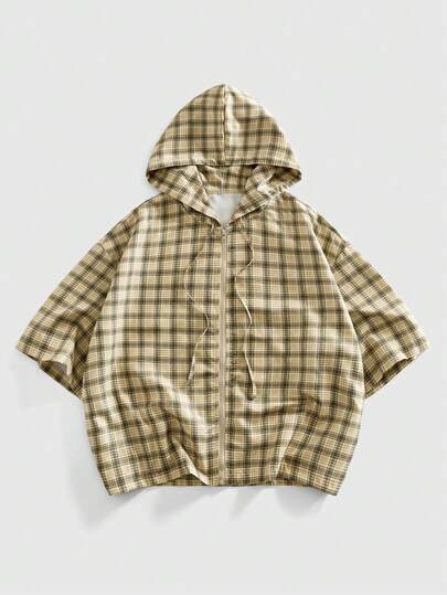 ROMWE MEN Street Life Men's Casual Retro Zip-Up Drawstring Hooded Short Sleeve Shirt, Summer