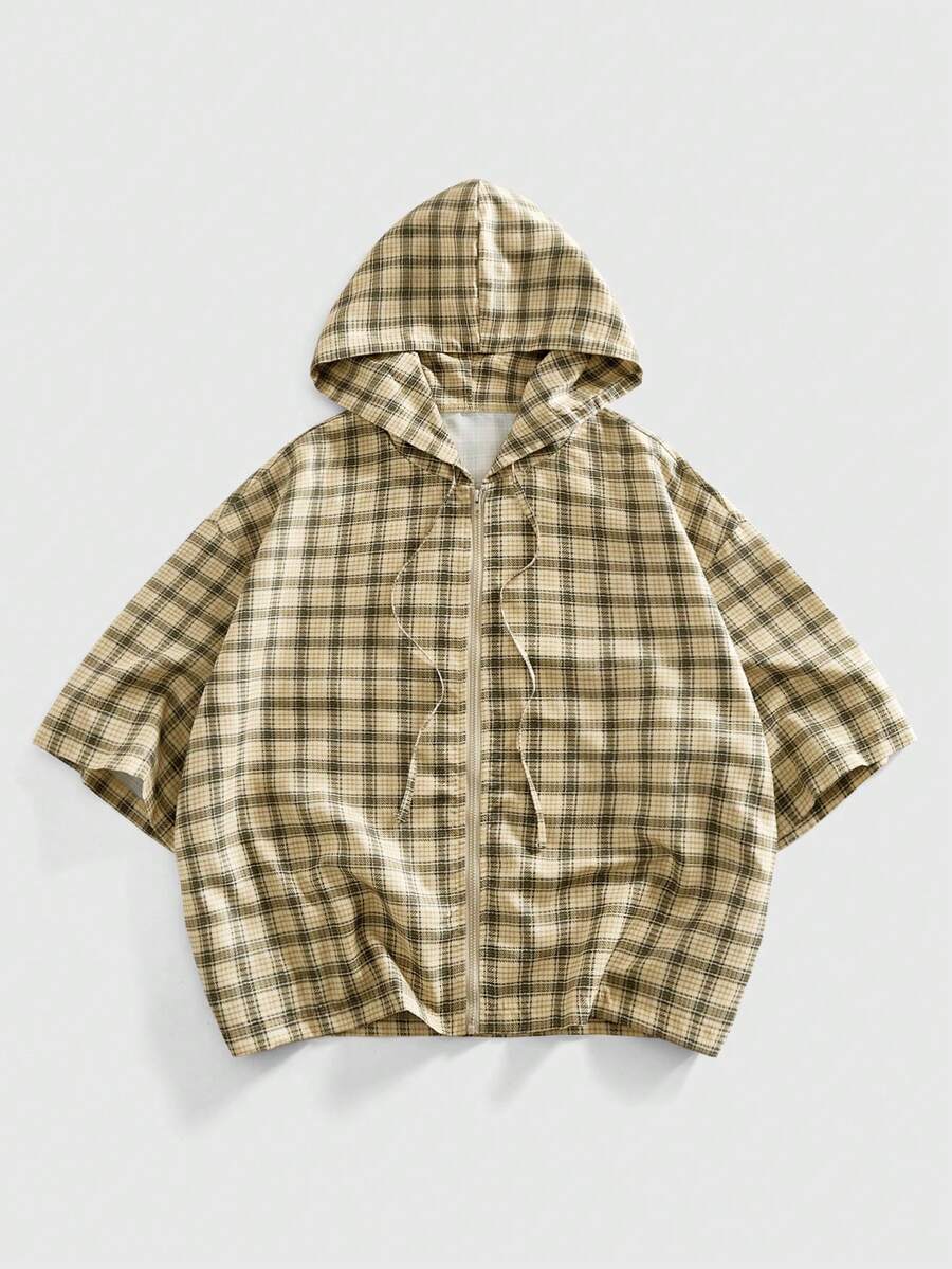 ROMWE MEN Street Life Men's Casual Retro Zip-Up Drawstring Hooded Short Sleeve Shirt, Summer - Multicolor - View 1