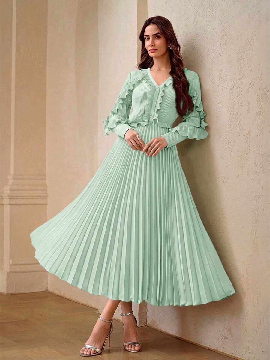 ZEYLAH Vestido midi con cuello en V, manga larga, volantes y pliegues - Verde Pastel - Ver 1