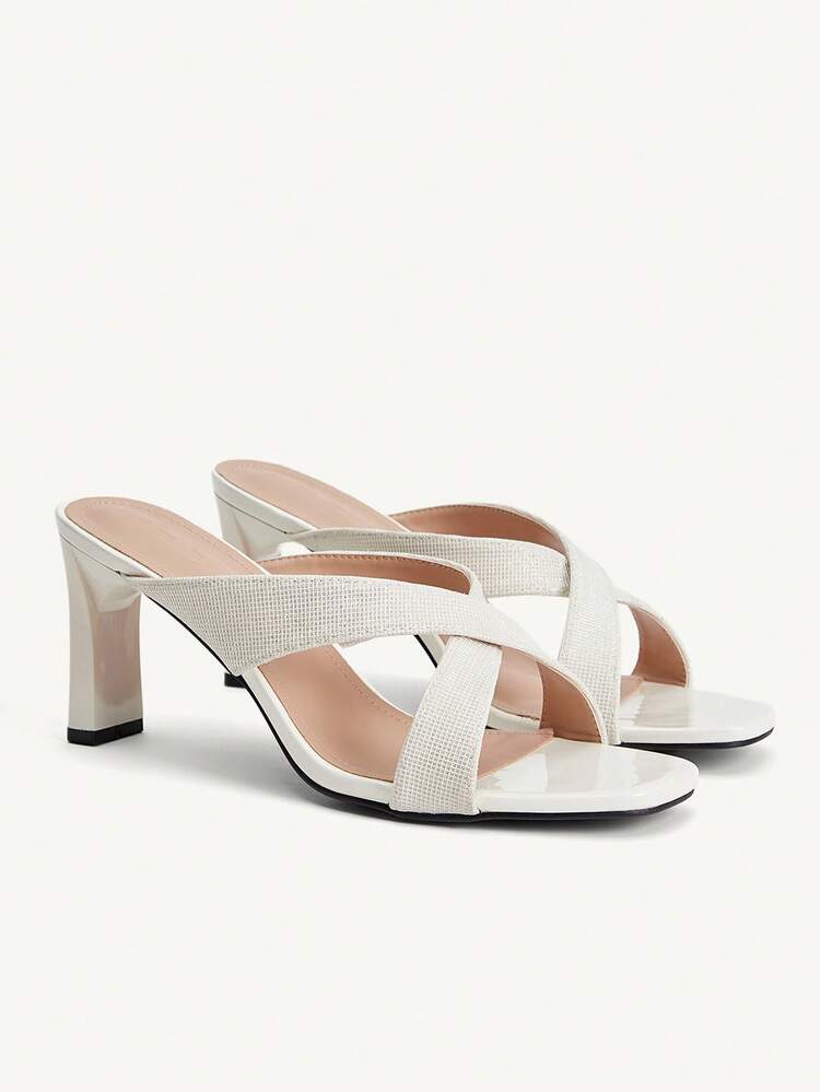 CUCCOO CHICEST Women's Beige Round Toe Thick Heel Criss-Cross Slip-On Sandals, Minimalist Fashion Versatile High Heels For Summer