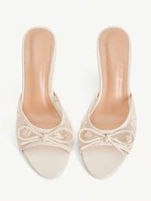 CUCCOO CHICEST Chaussures à talons mi-hauts carrées en dentelle de couleur abricot avec nœud décoratif. Talon fin laqué assorti. Convient pour le travail, les sorties, les fêtes, les vacances, les mariages, la Saint-Valentin et Noël. Sandales à talons hauts légères et enfiler d'1 pièce seul tenant pour femmes. - Nude - Voir 2