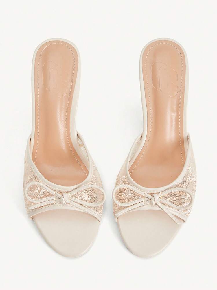 CUCCOO CHICEST Women's Fashion Apricot Lace Bow Decoration Square Toe Mid-High Heel Color Matching Lacquered Thin Heel Mule Shoes, Suitable For Commuting, Dating, Parties, Holidays, Weddings, Valentine's Day And Christmas Wear One-Piece Slip-On Lightweight Women's High Heel Sandals Wedding Shoes Summer Shoes Bride Shoes