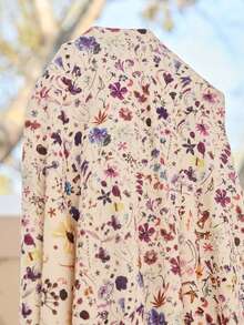 CottageSlumber Purple Floral Digital Print Round Neck Double-Layer Ruffle Trim Bow Tie Soft Comfortable Rib Knit Fabric Flare Sleeve Dress, Can Be Worn As Sleepwear - Purple - View 6