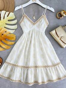 Franclia Vintage Cashew Flower Strap White Dress,Retro Lace Patchwork V-Neck Waist A-Line Summer Boho Holiday Vacation Holiday Skirt,Elegant Lady Vacay Outfits - Apricot - View 4