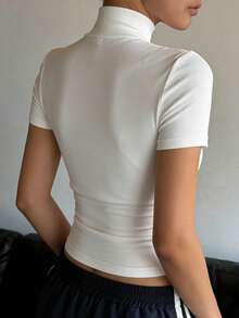 DAZY Women's Stand Collar Short Sleeve Fitted Casual Street T-Shirt Summer - White - View 3