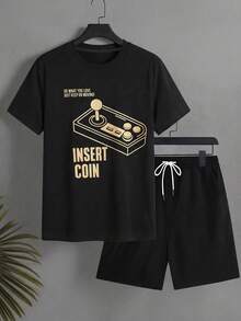 Manfinity Joysei 男士标语印花上衣和短裤睡衣套装 - 彩色 - 查看 2