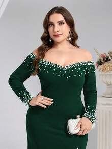 Coutiva Plus Size Solid Color Faux Pearl Off-Shoulder Split Maxi Formal Evening Gown (Heavily Embellished) - Dark Green - View 3