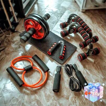 Juego de fitness de 7 piezas, equipo de fitness para el hogar, cuerda de saltar, fortalecedor de agarre manual, rueda de abdominales, juego de entrenamiento muscular