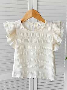 SHEIN LMoss Kids 女童纯色圆领荷叶边休闲衬衫 - 米色 - 查看 3