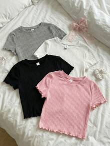 SHEIN 3pcs/Pack Teenage Girls' Round Neck Ribbed Frill Trim Short Sleeve T-Shirts - Multicolor - View 1