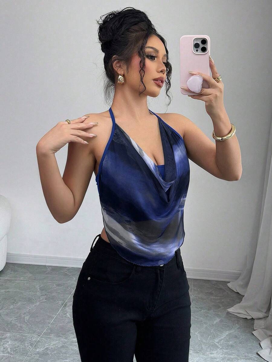 Selianne Áo kiểu nữ cổ yếm hở lưng nhuộm tie-dye, phong cách thường ngày đa năng, thích hợp cho hẹn hò và đi chơi. - Xanh đậm - Xem 1