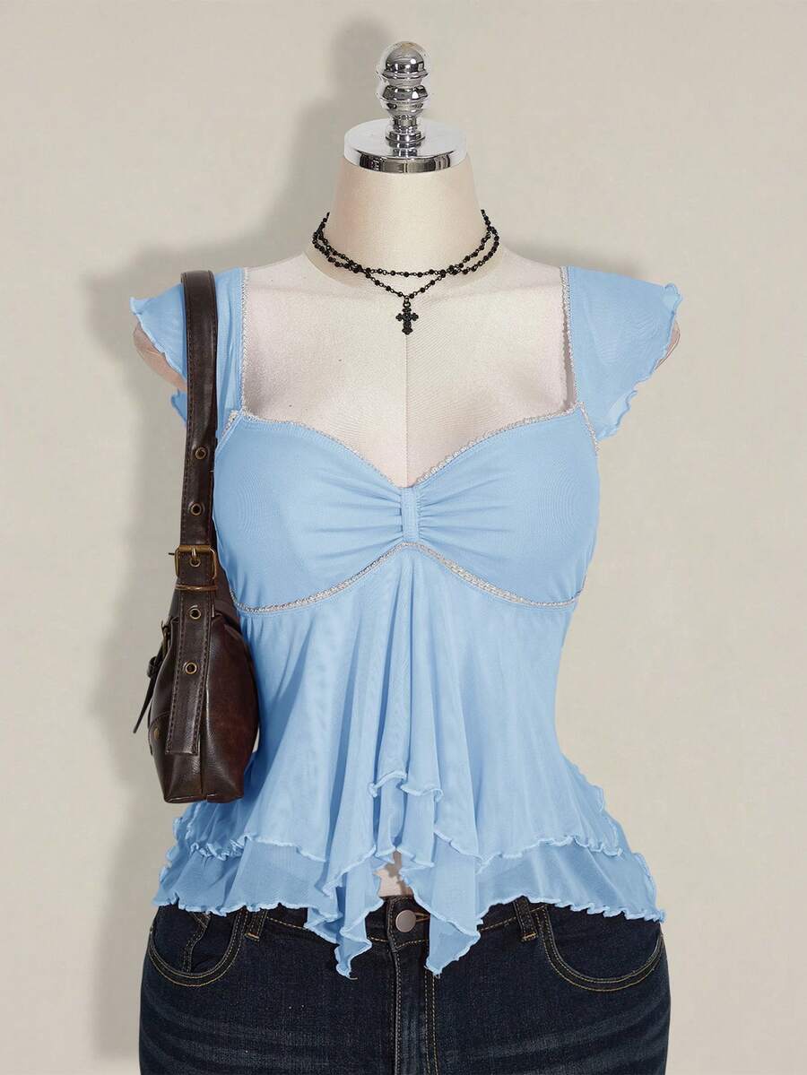 SHEIN ICON 大尺碼女款前褶皺修身性感網紗拼接荷葉袖露背休閒度假短版背心上衣,秋季開學季 - 藍色 - 查看 1