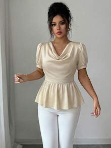 EMERY ROSE Elegant Romantic Ruffle Hem Tie Neck Fitted Women Blouse - Apricot - View 7