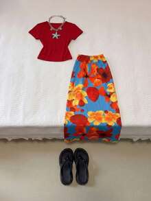 Franclia Women's Elegant Vacation Printed Skirt 2 Pieces Set - Red - View 1