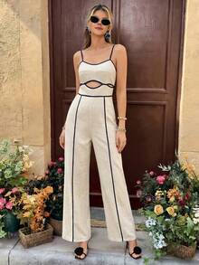 Elyressa 女士编织优雅夏季度假连体裤 - 杏色 - 查看 3