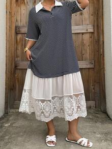 Dazy Plus 大码休闲条纹撞色蕾丝连衣裙夏季吊带裙 - 黑與白 - 查看 6