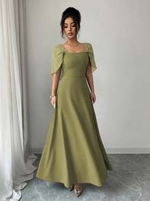 Modelyn Women's Square Neck Waist Gathered A-Line Long Dress, Elegant & Romantic For Everyday Wear - Green - View 3