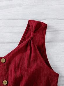 SHEIN 少女扭结背心式休闲连体裤，正面纽扣装饰，采用编织纹理面料，适合春季郊游、田园风、花园下午茶、休闲外出等场合。 - 紅色 - 查看 8