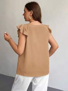 Firerie Plus Size Elegant V-Neck Ruffle Trim Cap Sleeve Red Festive Minimalist Summer Blouse, Suitable For Teachers - Khaki - View 2
