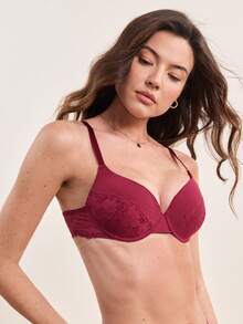 Hourtrue 2件套蕾丝拼接女士钢圈文胸套装 - 酒紅色 - 查看 8