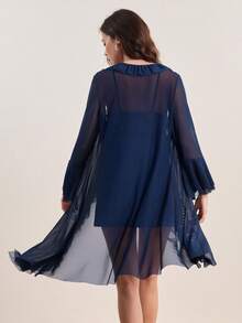 Hourtrue Conjunto de pijama con camisón de tirantes con volantes de encaje de contraste y bata - Azul Marino - Ver 9