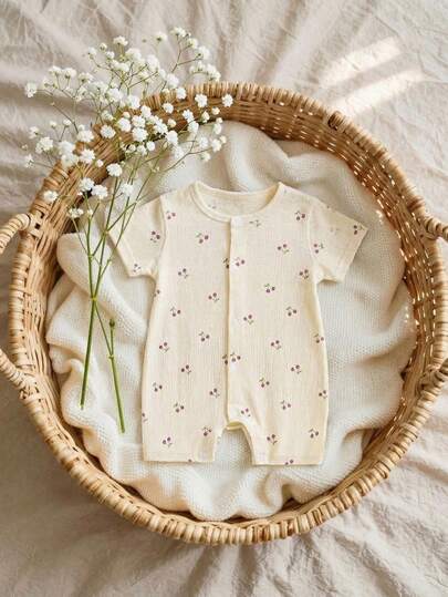 SHEIN 女婴夏季套装，轻薄女婴连体衣，可爱樱桃图案休闲度假风短袖圆领